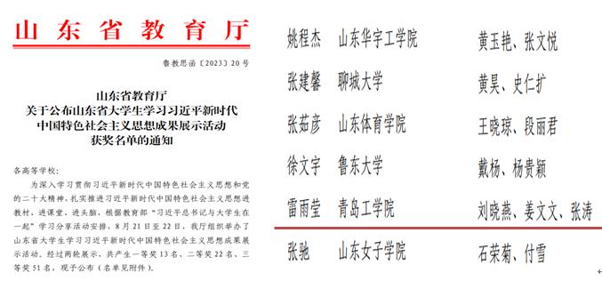我校学生在“山东省大学生学习习近平新时代中国特色社会主义思想成果展示活动”中斩获佳绩 我校学生在“山东省大学生学习习近平新时代中国特色社会主义思想成果展示活动”中斩获佳绩